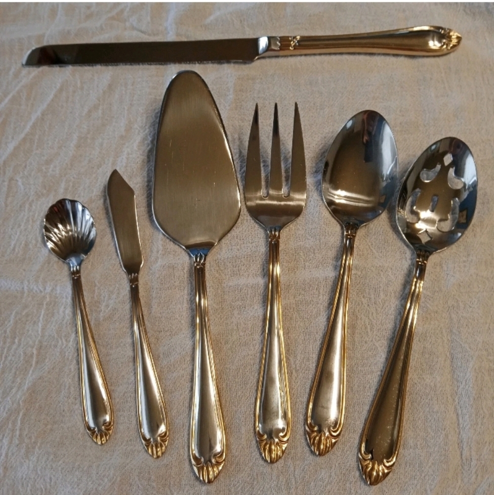 VTG 7pc HAMPTON SILVERSMITH 247 Stainless Electroplated Gold Trim Serving Set